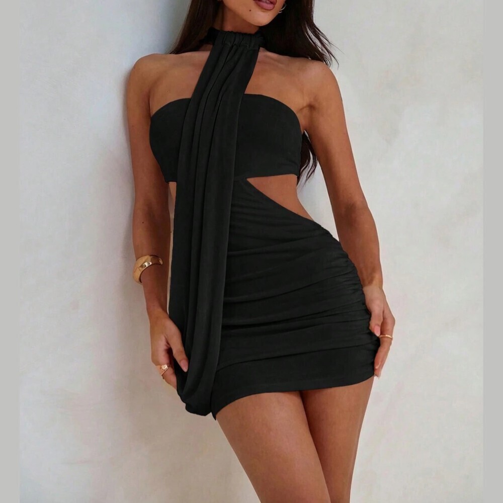 Black Halter Cutout Draped Mini Dress With Front Flow Detail